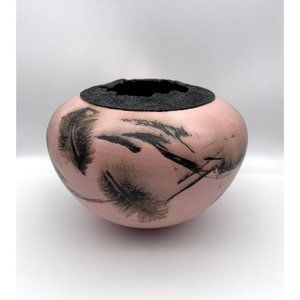 Horse Hair & Feather Raku Pink & Black Rounded Vase One-of-a-kind Artist Signed